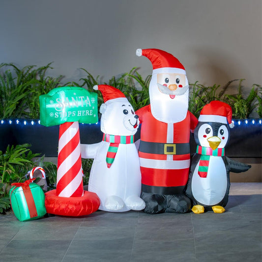 🎅🐧🧸 Escena Navideña Inflable con Luz – Santa, Pingüino y Oso 1.40 m 🎁🎄