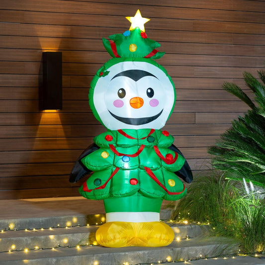 🐧🎅 Pingüino Disfrazado Pinito Inflable Navideño con Luz – 2.13 m x 1.40 m x 0.80 m 🎁🎄
