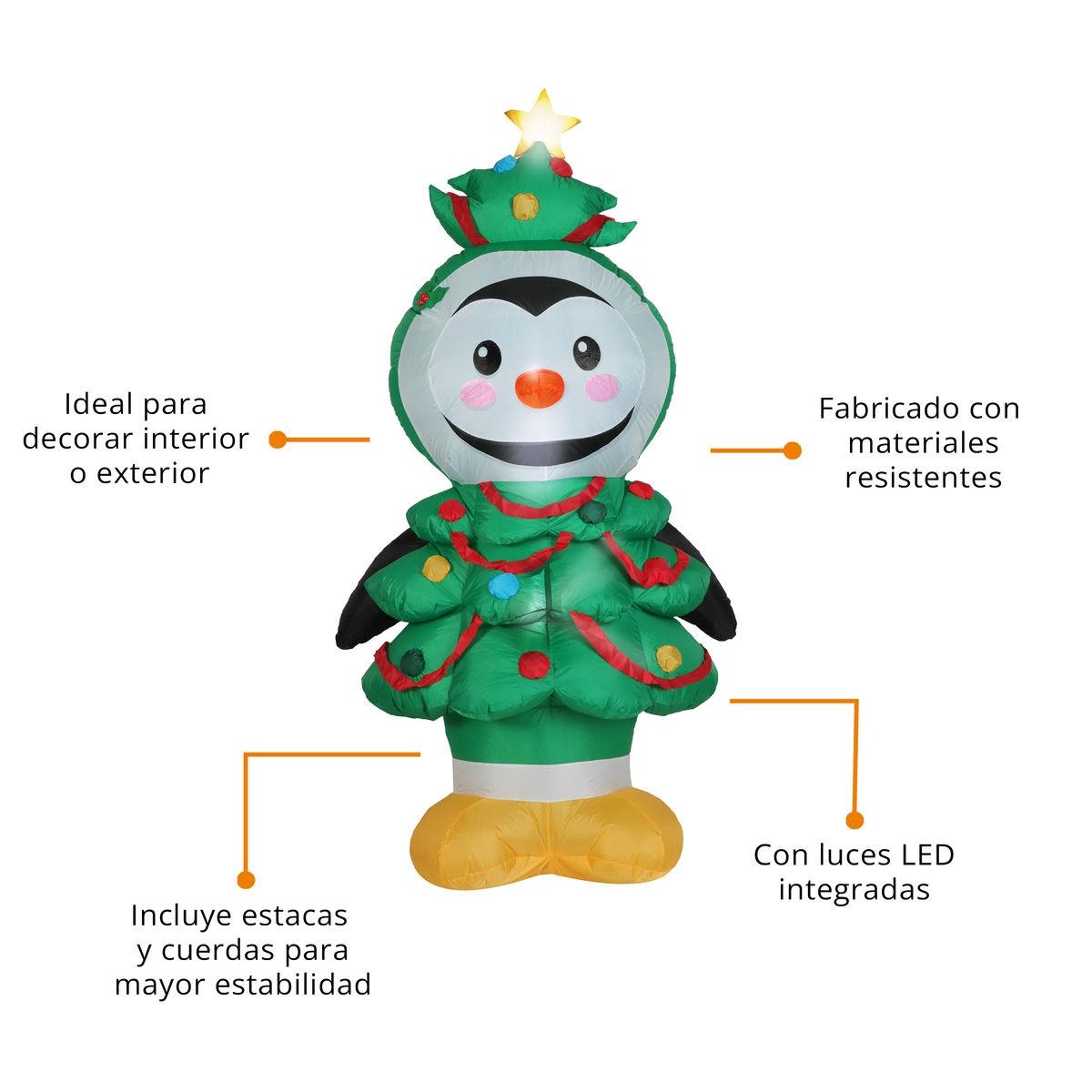 🐧🎅 Pingüino Disfrazado Pinito Inflable Navideño con Luz – 2.13 m x 1.40 m x 0.80 m 🎁🎄