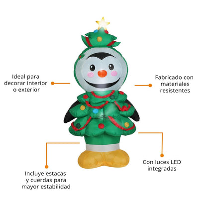 🐧🎅 Pingüino Disfrazado Pinito Inflable Navideño con Luz – 2.13 m x 1.40 m x 0.80 m 🎁🎄