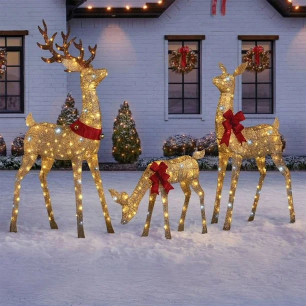 Familia de Renos Con Movimiento Dorados con Luces 1.82 m + 1.52 m + 0.71 m – Set de 3 Piezas 🦌💛