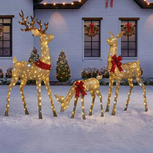 Familia de Renos Con Movimiento Dorados con Luces 1.82 m + 1.52 m + 0.71 m – Set de 3 Piezas 🦌💛
