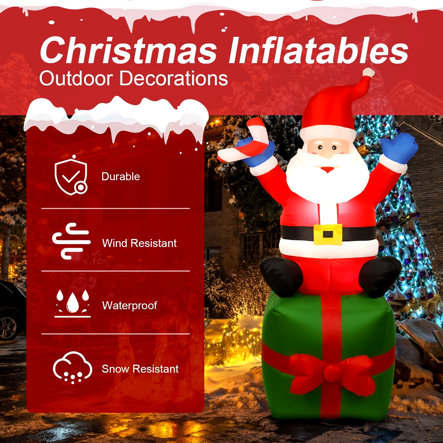 Santa Claus sobre Caja de Regalo Iluminado - 1.82 m - Inflable 🎁